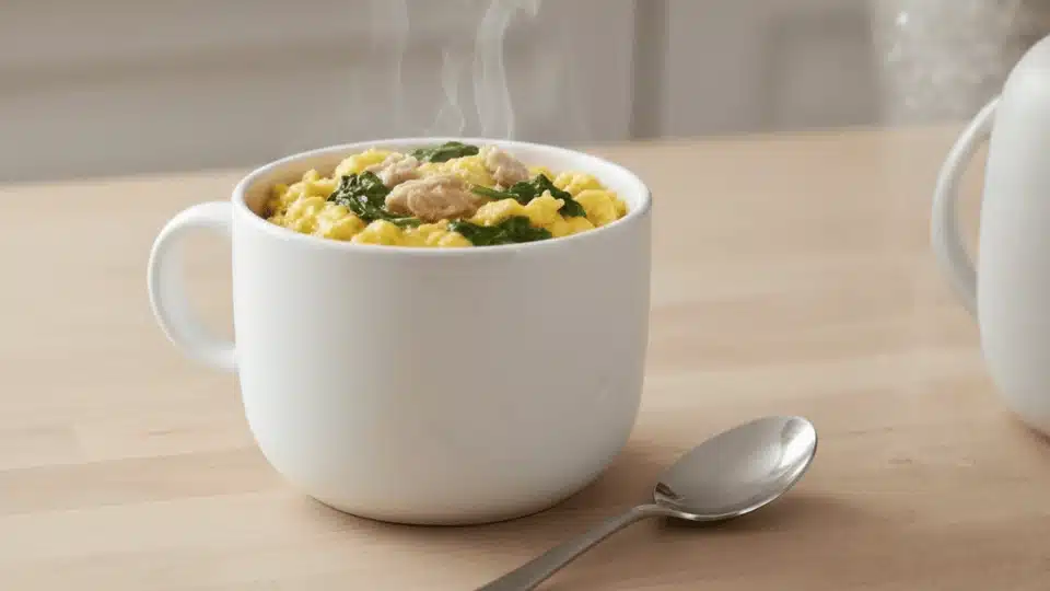 microwave mug egg with tuna and spinach in a white mug on a wooden surface with spoon beside it