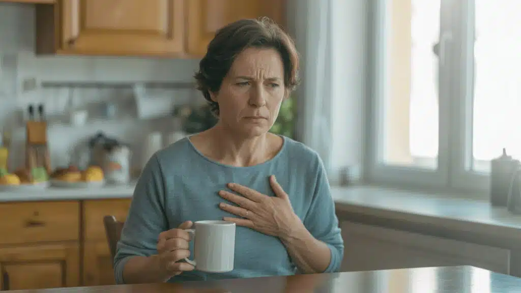middle aged woman holding coffee mug touching her chest in kitchen looking uncomfortable from heartburn