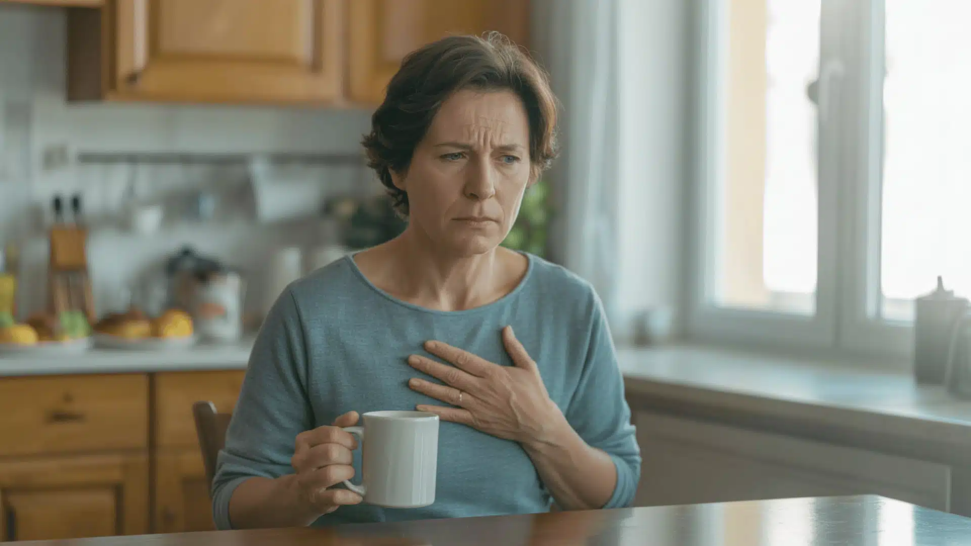middle aged woman holding coffee mug touching her chest in kitchen looking uncomfortable from heartburn