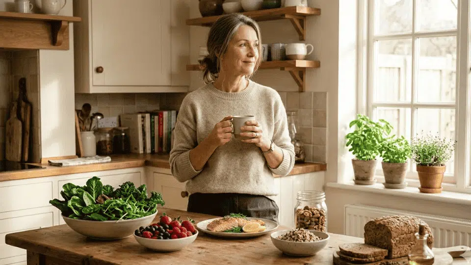 middle-aged woman holding tea in a bright kitchen with healthy foods like salmon, greens, berries, nuts, and whole grains on table