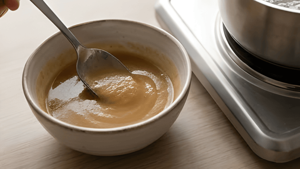 miso paste mixed with warm broth in small bowl before adding to soup