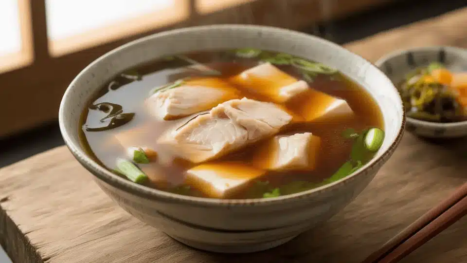 miso soup with tofu, chicken, and spinach in a speckled ceramic bowl with chopsticks on a wooden table