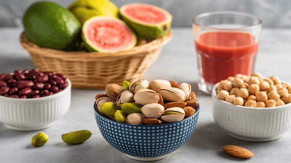 mixed nuts pistachios almonds kidney beans chickpeas fresh guava and tomato juice on a light surface