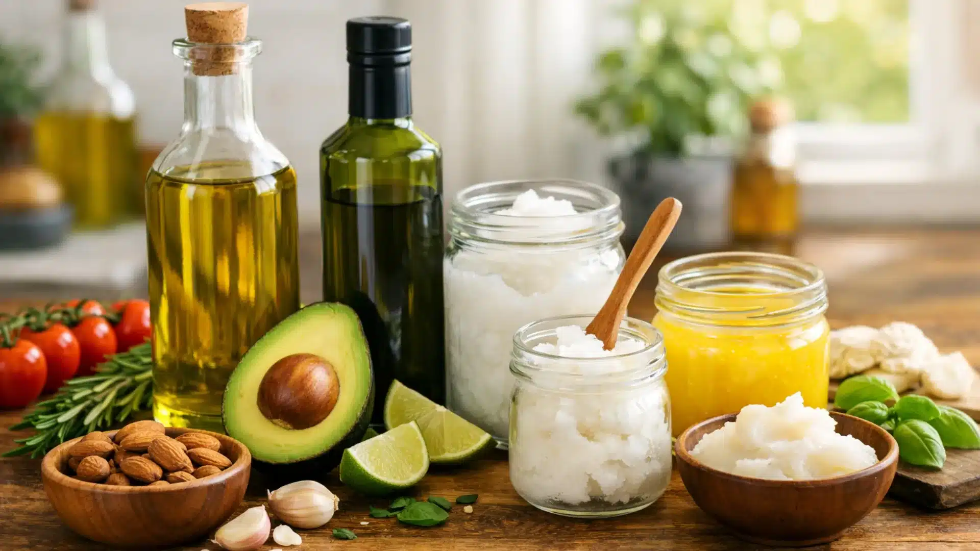 non-seed oils on a kitchen counter with fresh ingredients, ready for healthy cooking