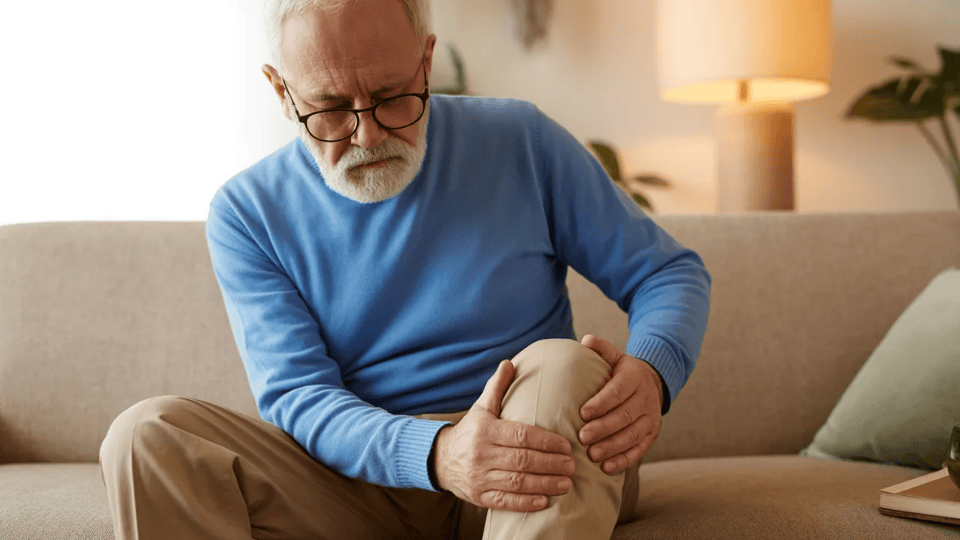 older man in a blue sweater sitting on a couch holding his knee in discomfort