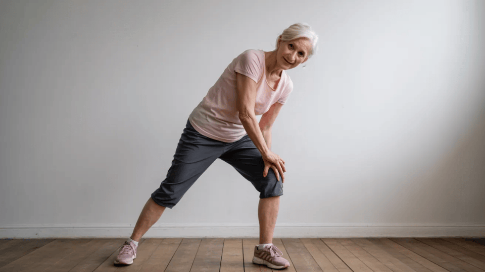 older woman in a pink top and grey capri pants doing a side stretch exercise on a wooden floor against a white wall