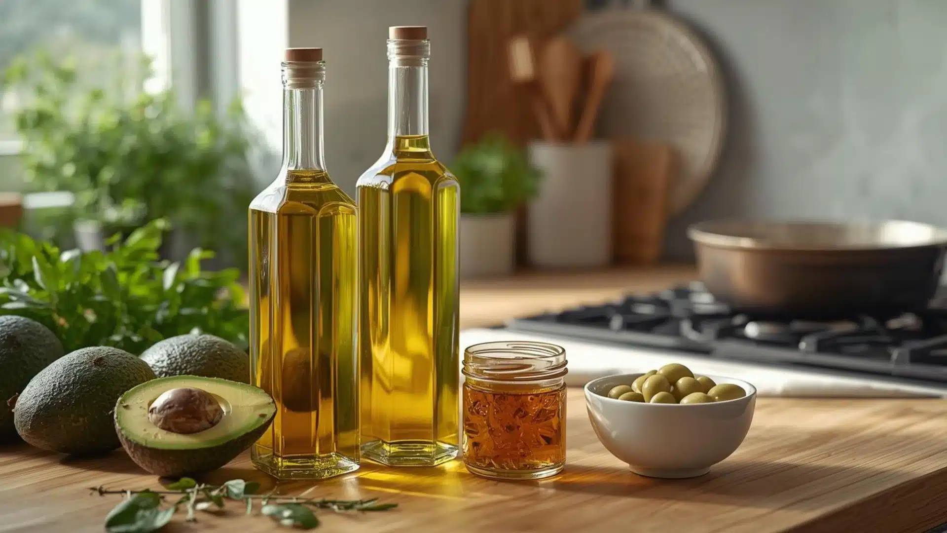 olive oil stand on a wooden counter alongside fresh avocado, a jar of honey, and a bowl of olives