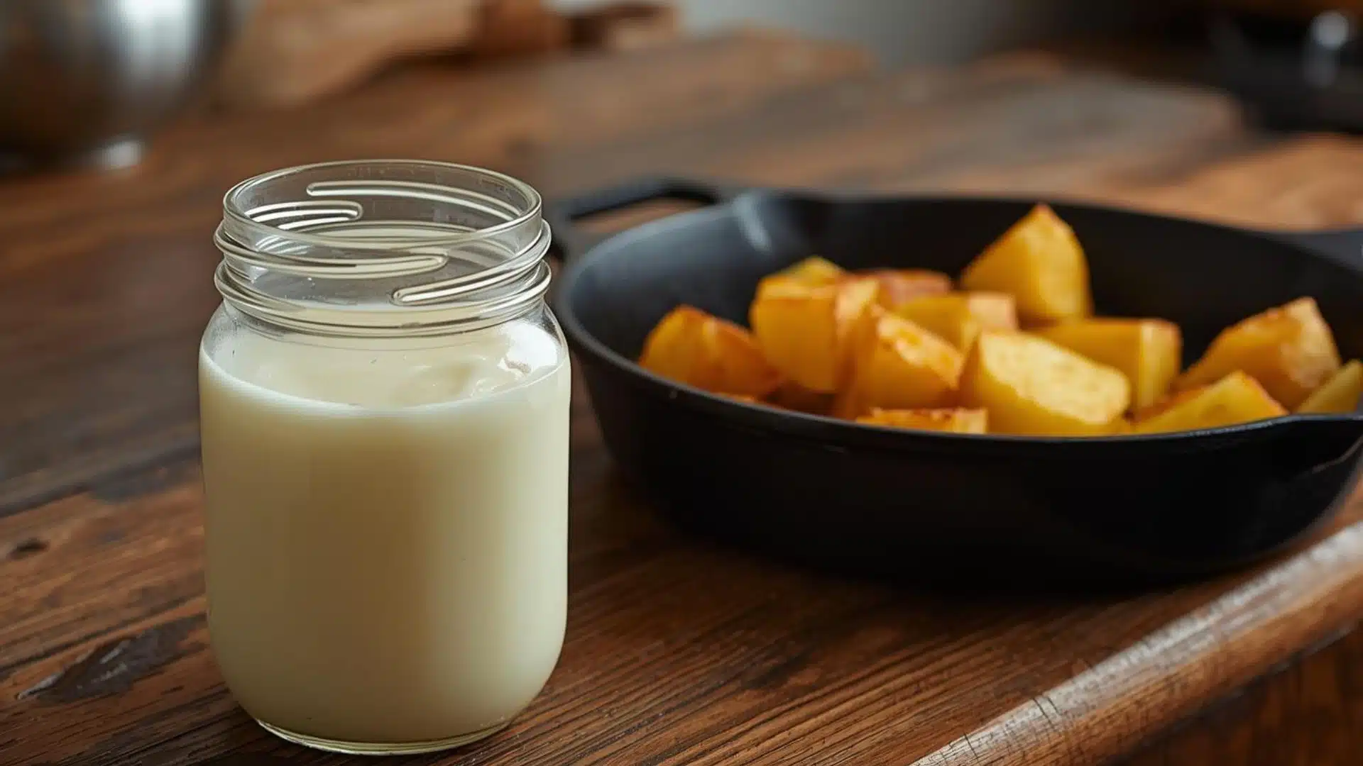 open glass jar of creamy white fat sits next to a cast-iron skillet filled with golden roasted potato wedges