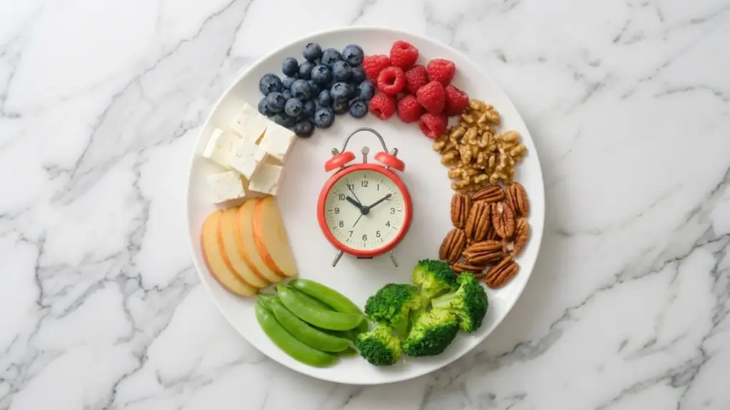overhead view of a red alarm clock on a plate surrounded by fruit, vegetables, nuts, and cheese on a marble surface