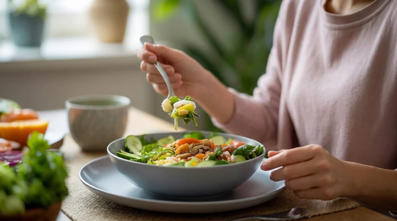 person eating a large bowl of vegetables slowly at a table in a calm natural home setting
