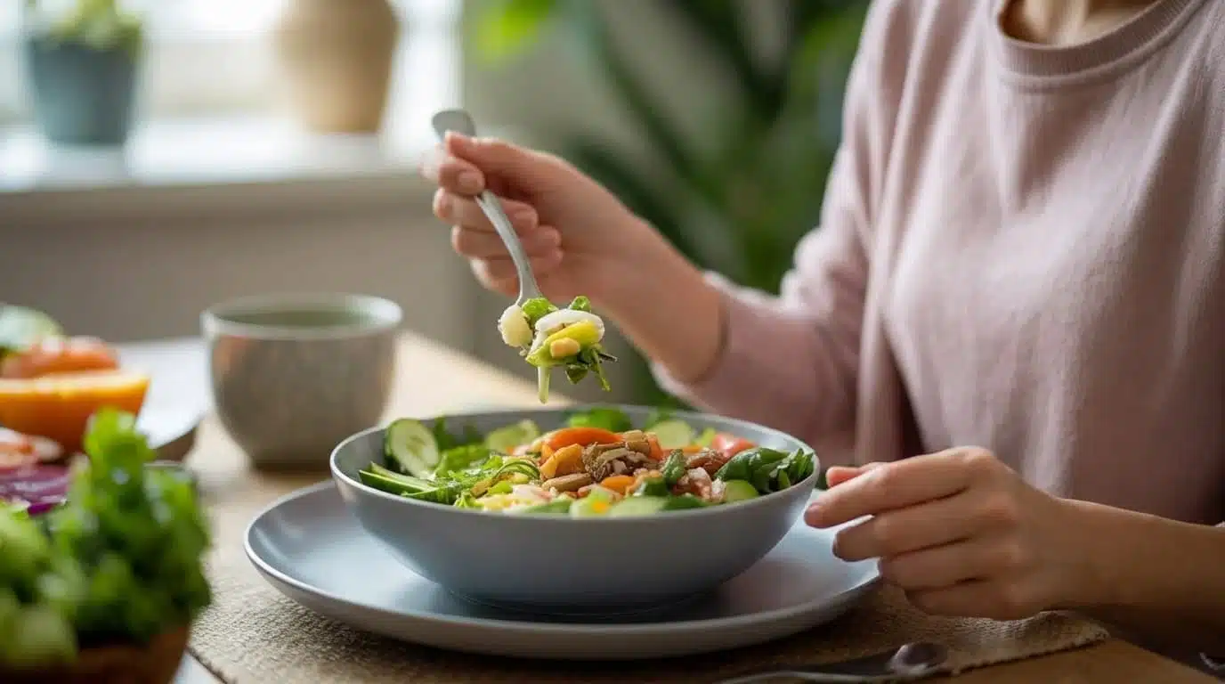 person eating a large bowl of vegetables slowly at a table in a calm natural home setting