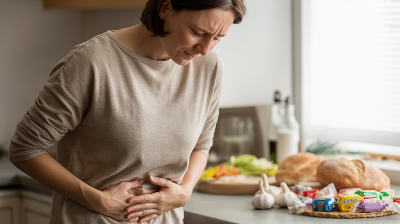 person holding their stomach in discomfort, with garlic, bread, and sugary snacks visible in the background