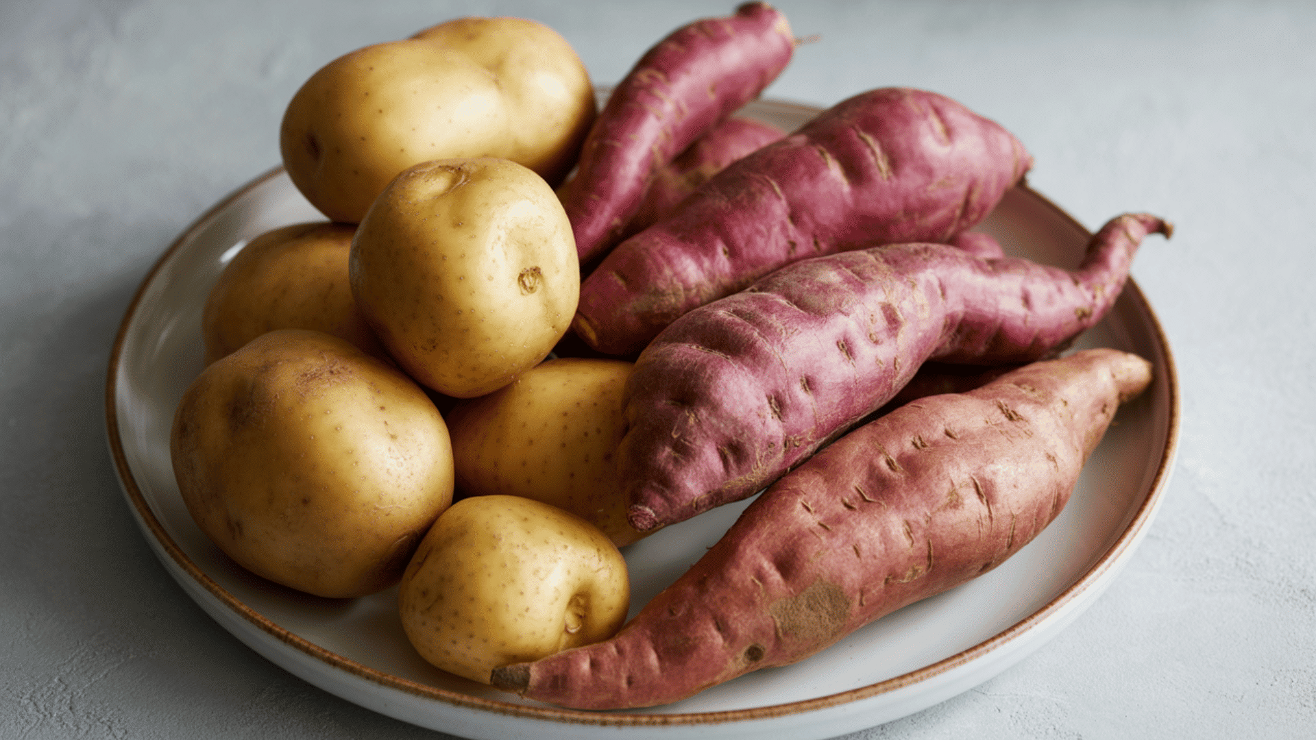 photograph of a white ceramic plate containing various types of sweet potatoes and potatoes arranged in a natural, uncooked state