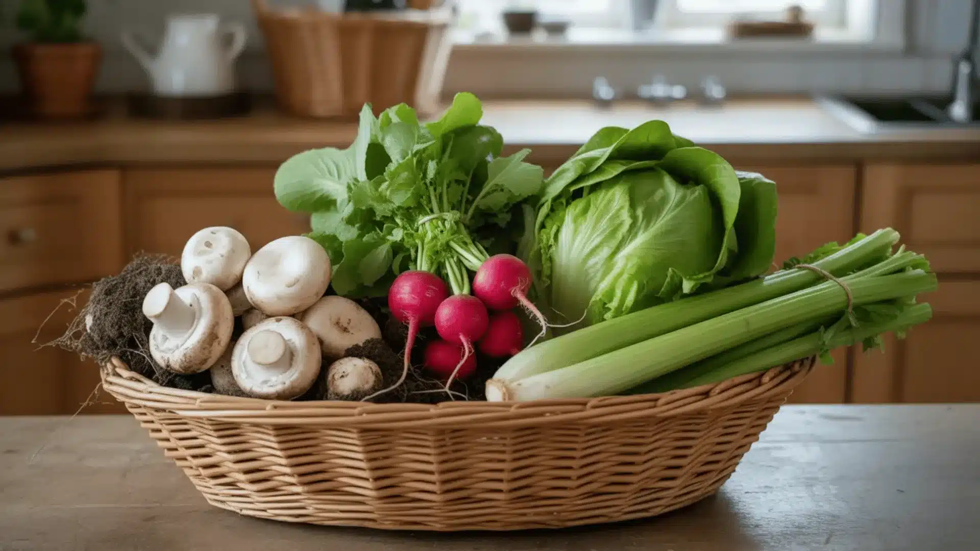 picture with different vegetables like mushrooms, cauliflower, radishes and other in a bucket