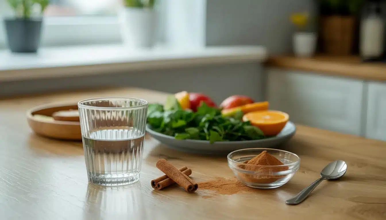 plate of fresh food with a bowl of cinnamon and a glass of water on a kitchen table with natural light