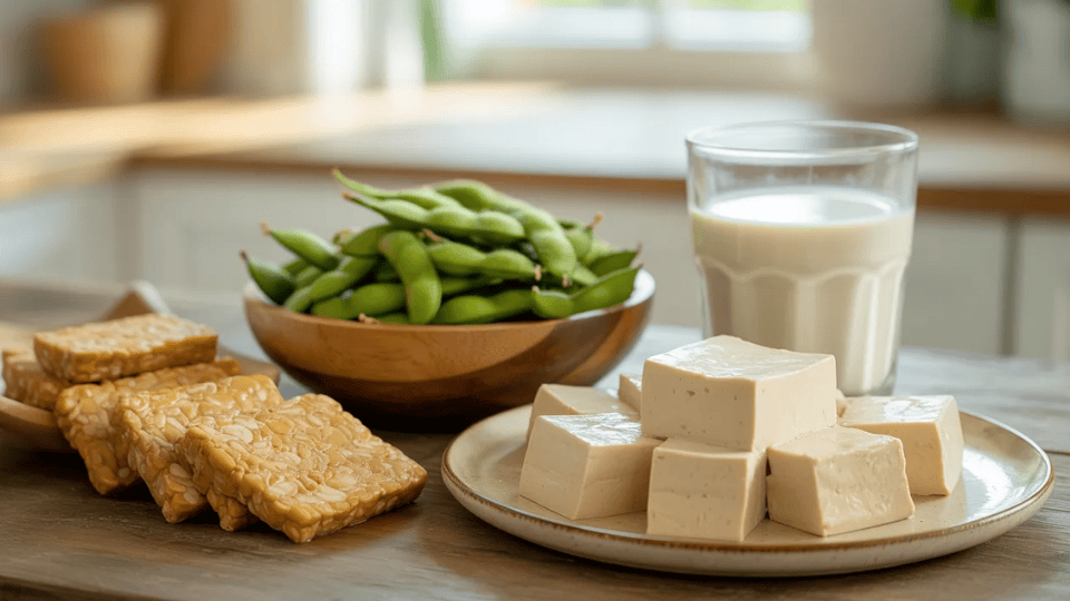 plate of tofu cubes, sliced tempeh, bowl of edamame, and a glass of soy milk on a wooden kitchen table