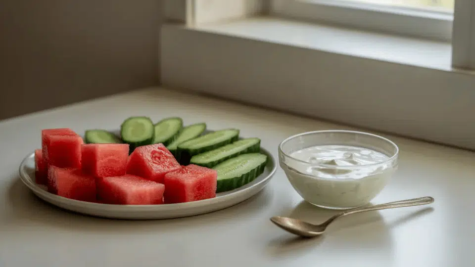 plate of watermelon cubes and cucumber slices with a bowl of plain yogurt on a bright kitchen table