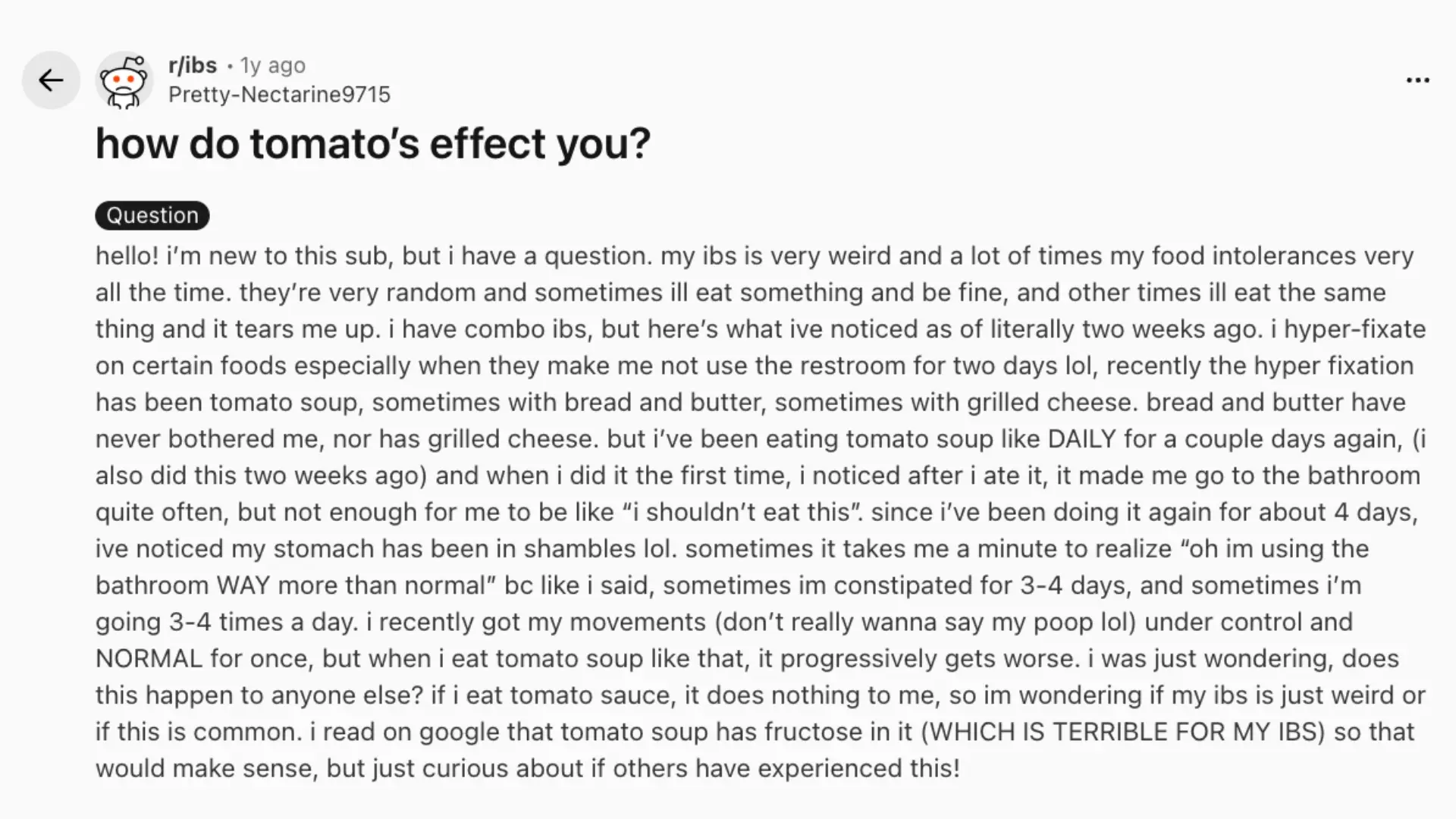 post from rIBS where a user shares mixed reactions to tomatoes, noting tomato soup triggers symptoms while tomato sauce often does not
