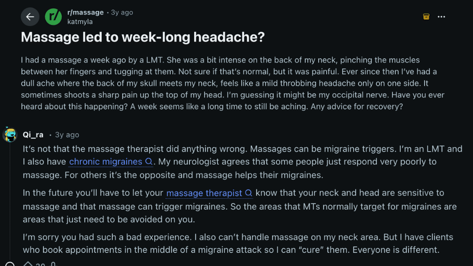 reddit post discussing a week-long headache after massage and shared experiences from massage therapists and clients