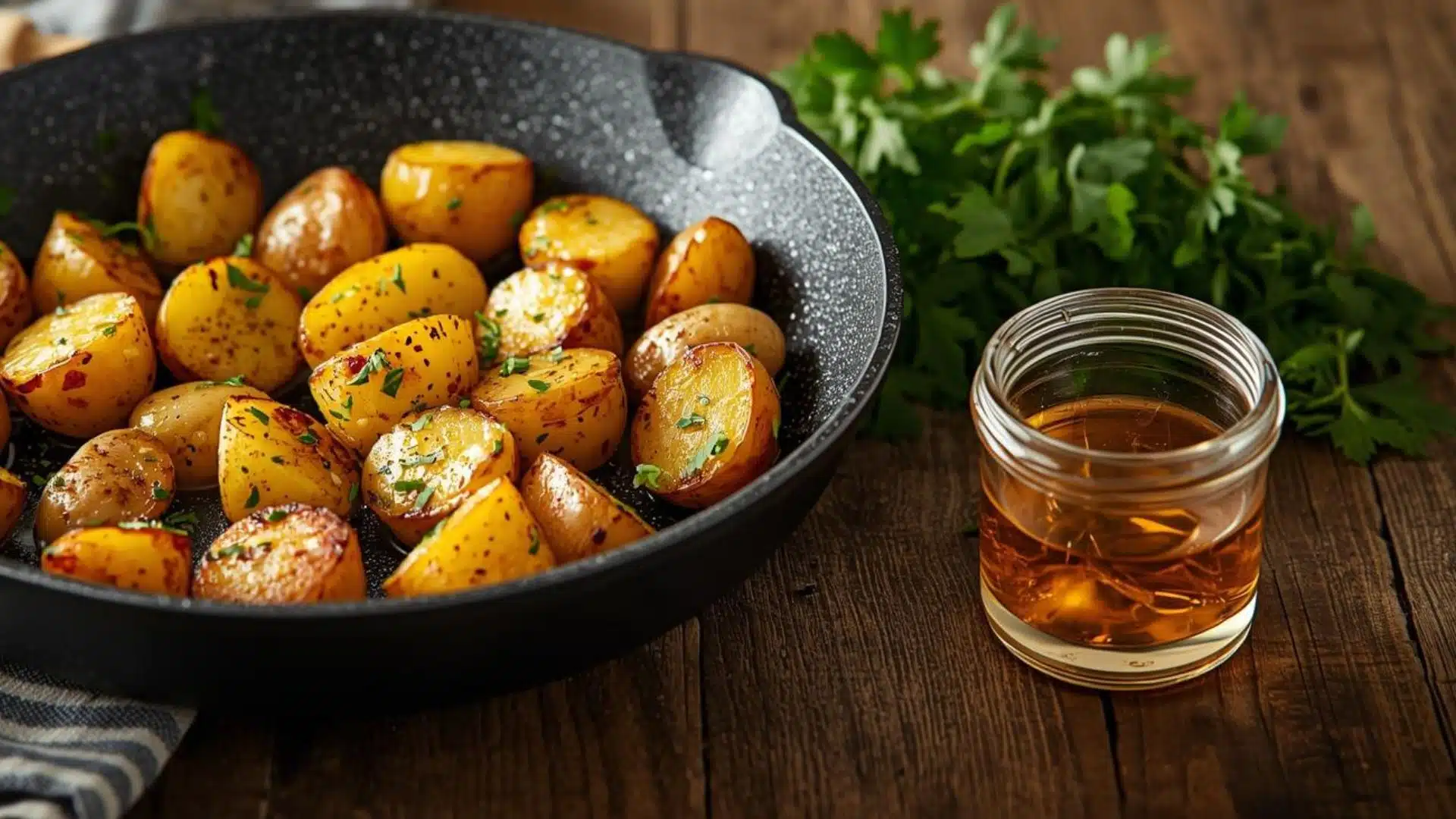 roasted potatoes garnished with herbs in a skillet, alongside a jar of amber oil and fresh parsley on wood