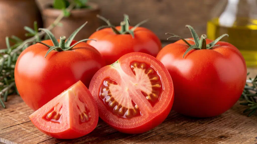 roma tomatoes placed on a wooden surface, with a few sliced open to show their meaty texture