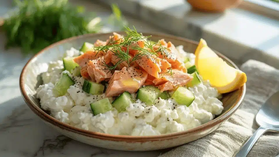 salmon cottage cheese bowl with cucumber, dill, and lemon wedge on a linen napkin