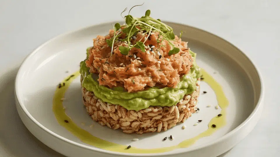 salmon tartare layered with avocado on crispy rice crackers with sesame, microgreens and olive oil drizzle on plate