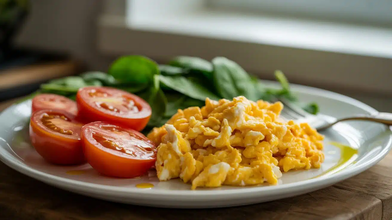 scrambled eggs with fresh tomatoes, spinach, and olive oil on a clean kitchen table with soft morning light
