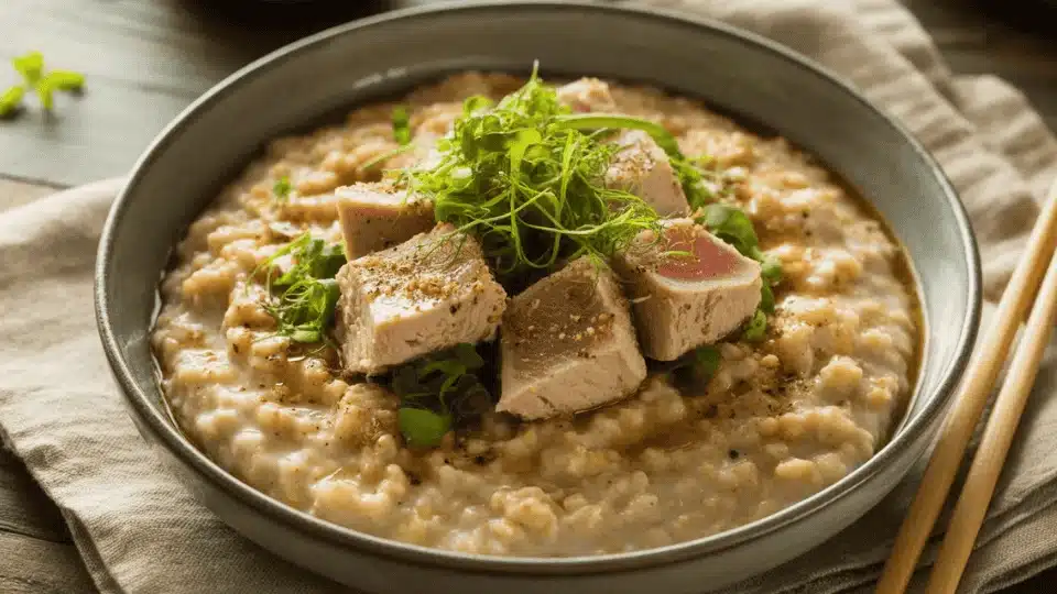 seared tuna cubes over creamy steel cut oats topped with microgreens in a gray bowl