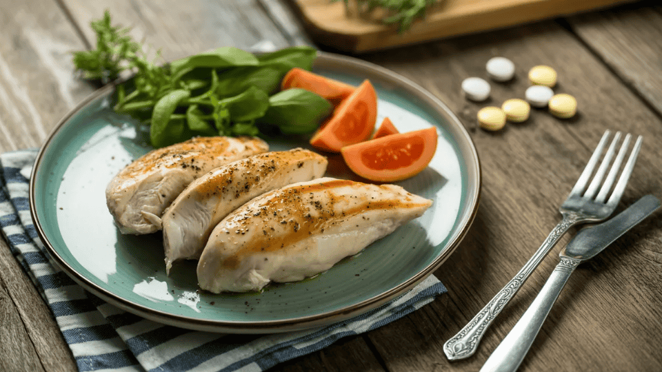 seasoned chicken breast with fresh spinach and tomato slices on a plate with supplements on a wooden table