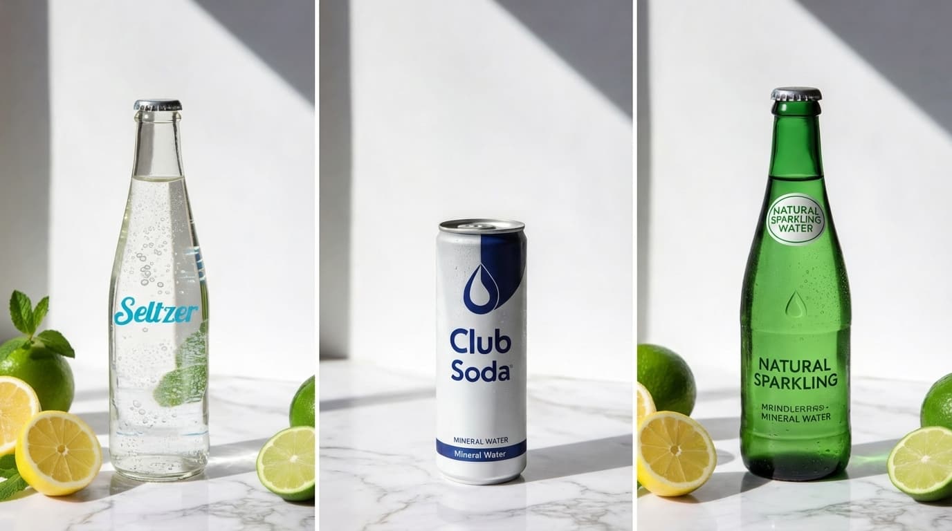 seltzer, club soda, and natural sparkling mineral water in colorful bottles and cans with citrus garnish
