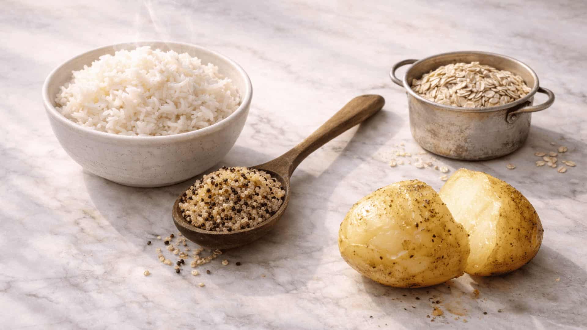 sibo-friendly grains including jasmine rice, quinoa, gluten-free oats and roasted potato on light marble surface