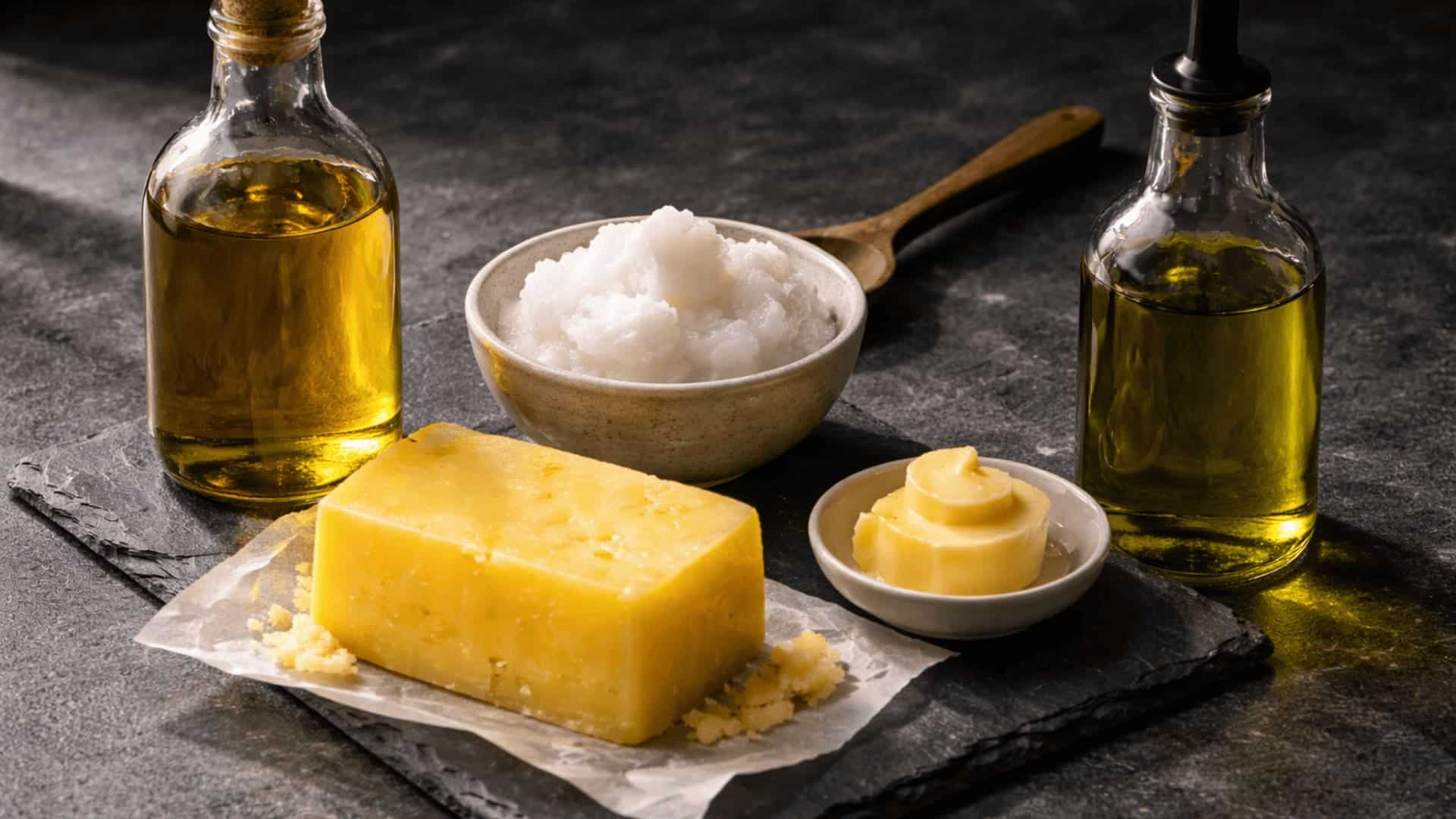 sibo-friendly healthy fats including olive oil, coconut oil, ghee, butter and avocado oil on dark slate surface