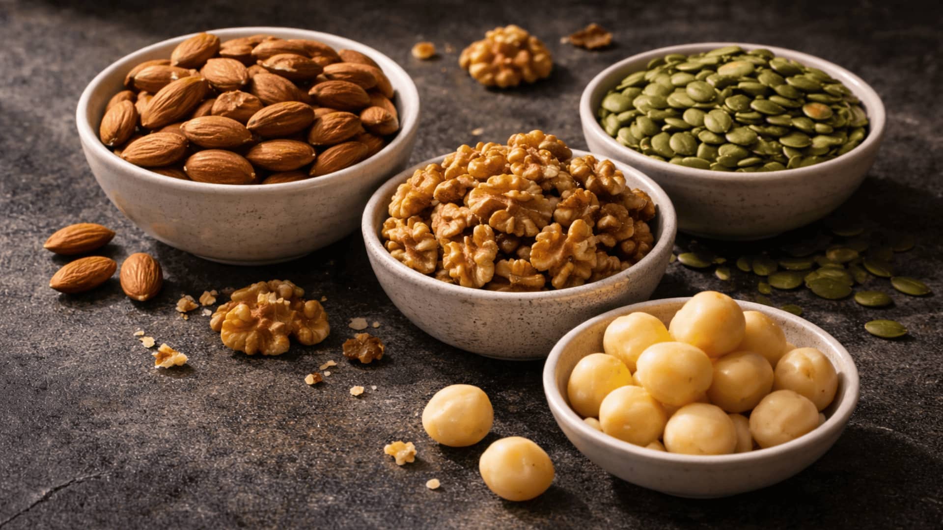 sibo-friendly nuts and seeds including almonds, walnuts, macadamia nuts and pumpkin seeds in ceramic bowls on stone