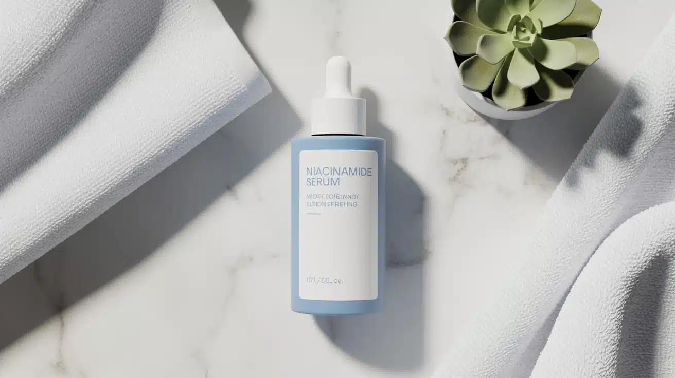 simple skincare setup showcasing a niacinamide serum, symbolizing gentle and effective brightening