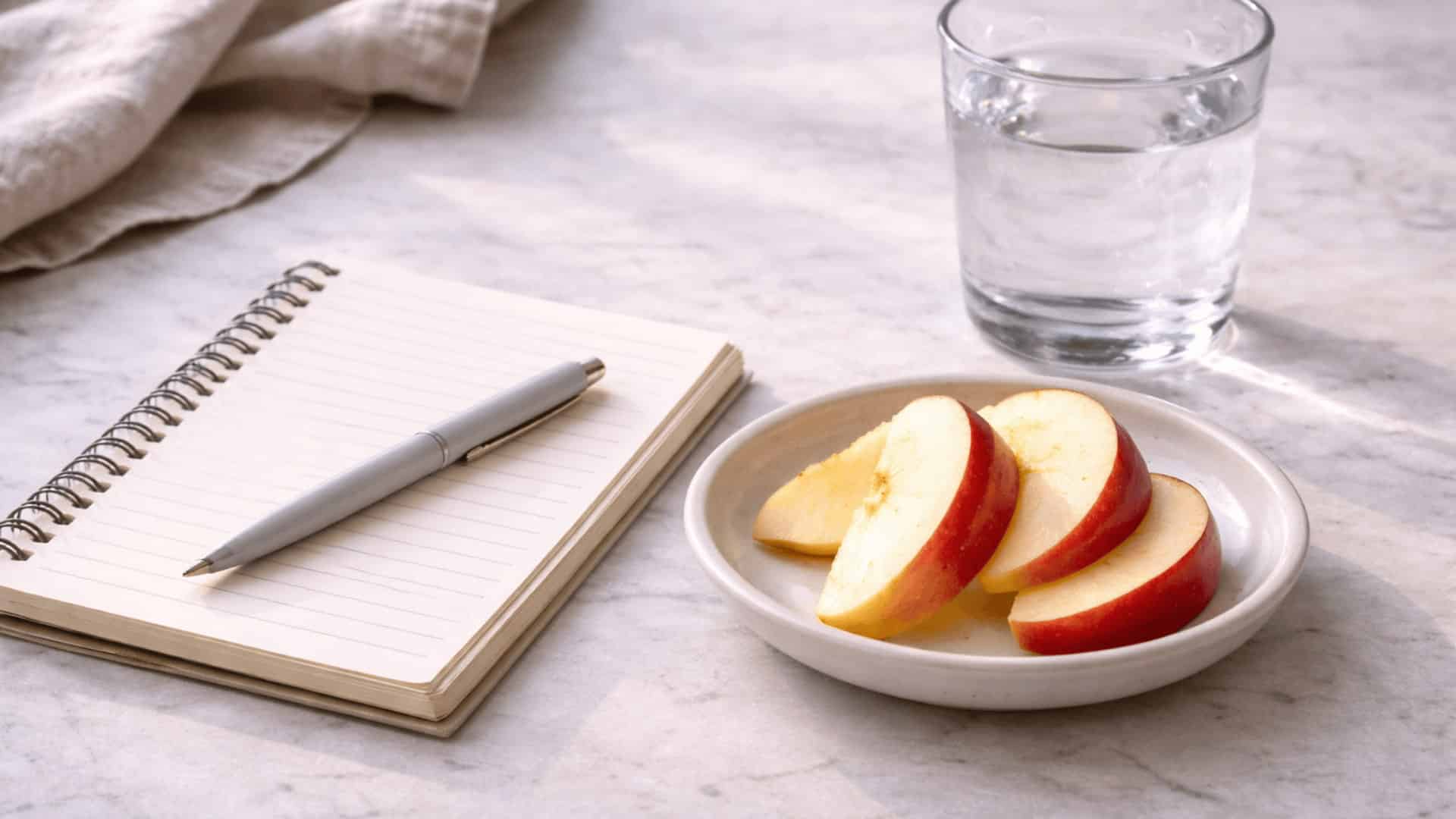 single food item on small dish beside a symptom log notebook on light stone surface for sibo reintroduction phase