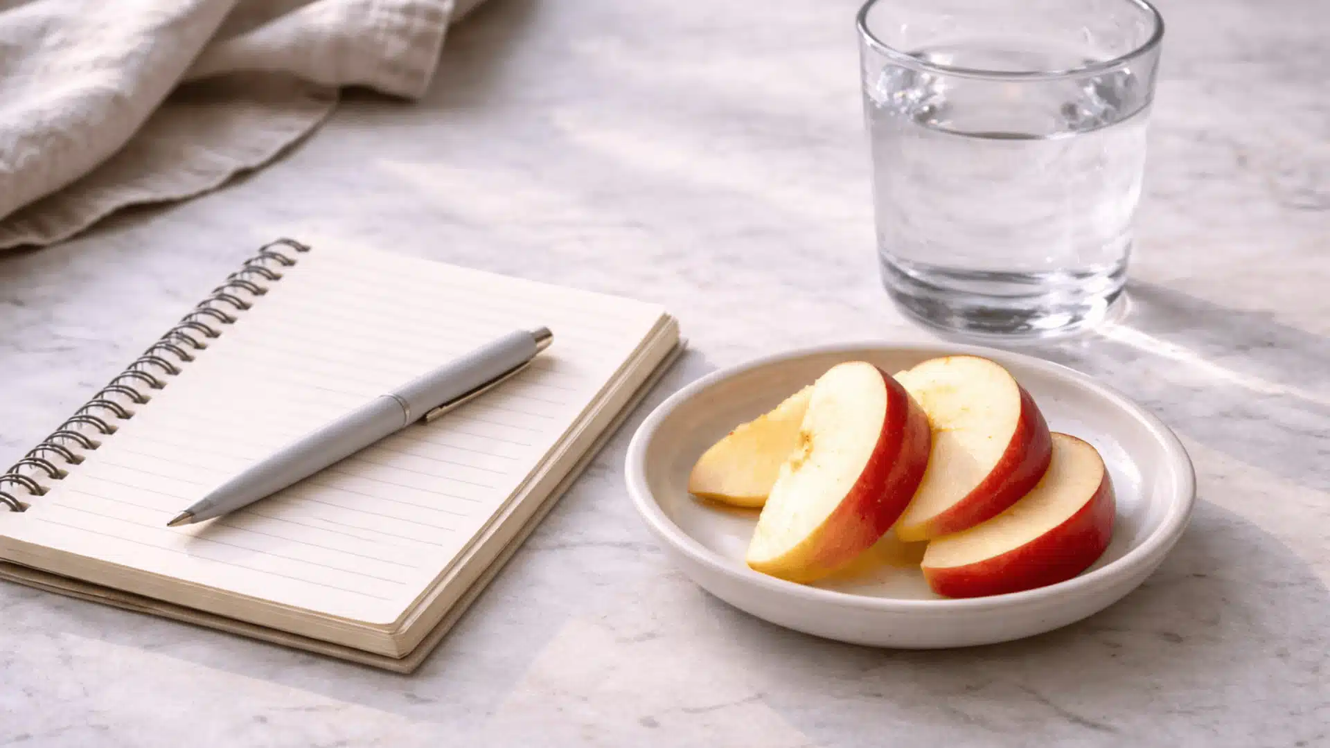 single food item on small dish beside a symptom log notebook on light stone surface for sibo reintroduction phase