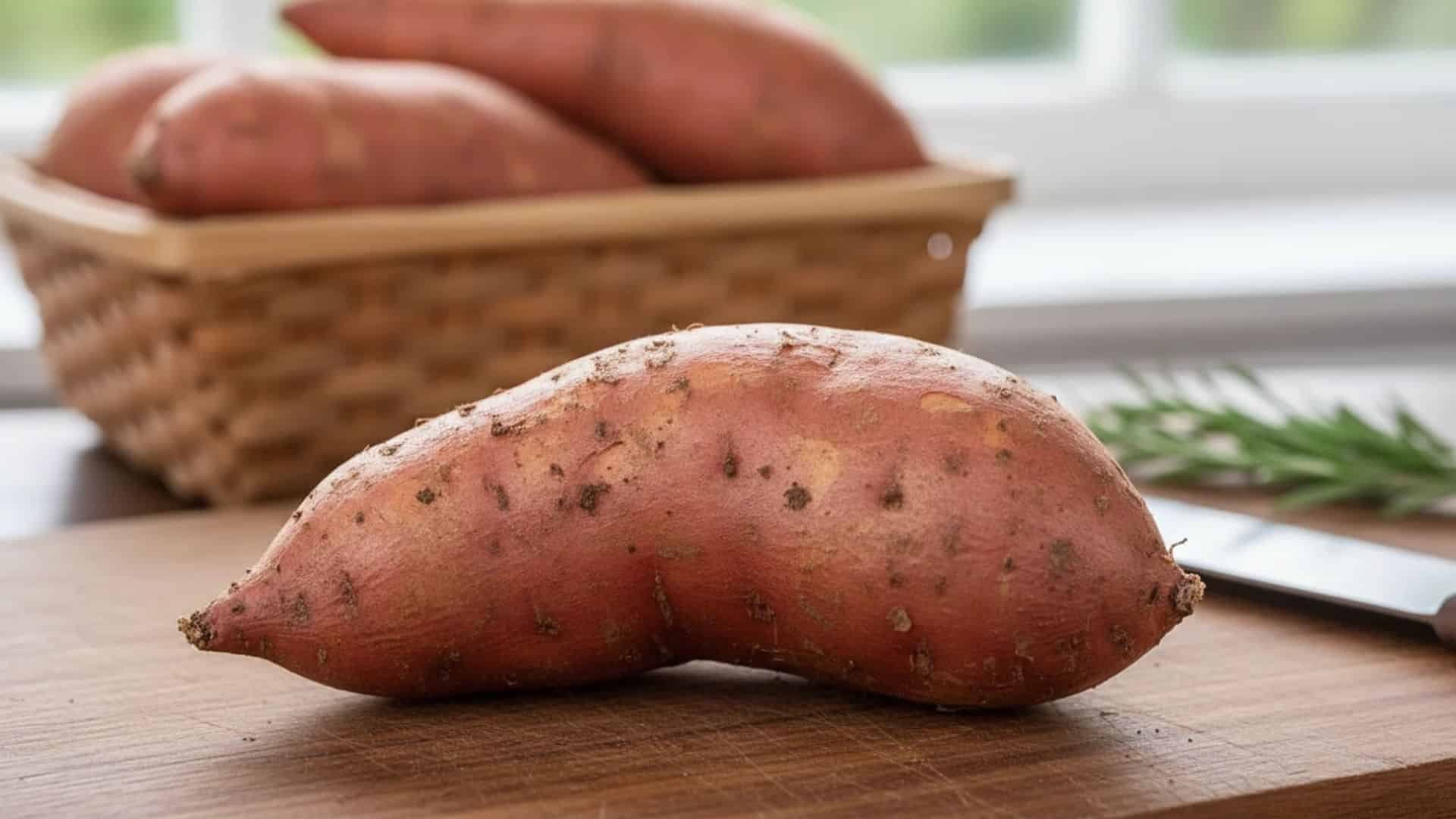 single raw sweet potato rests on a wooden board, with a wicker basket full of more sweet potatoes behind it