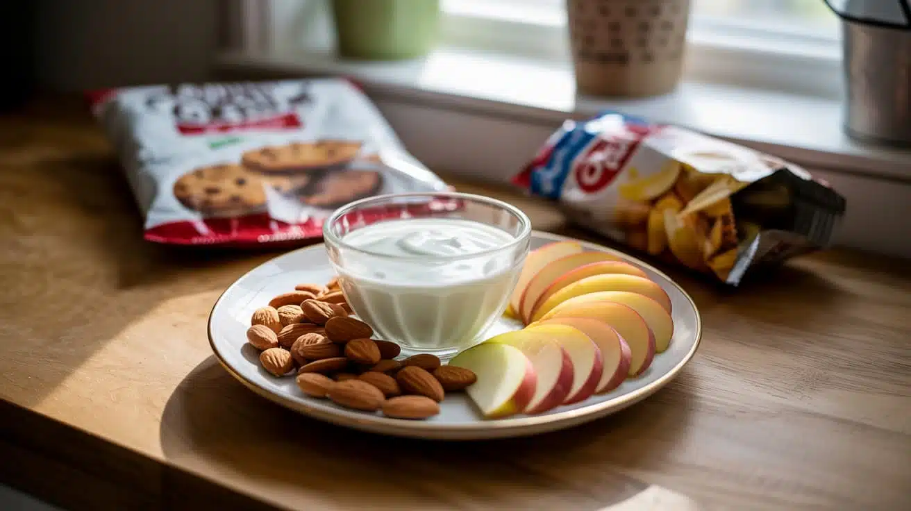 small balanced snack with yogurt, almonds, and fruit on a plate, with blurred chips in the background