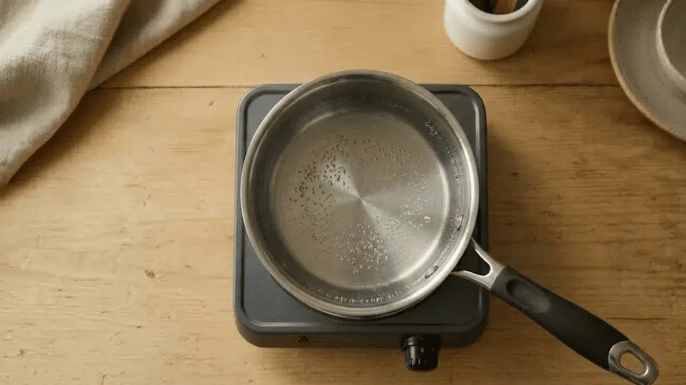small saucepan heating water on a stovetop on a light wooden kitchen counter in a bright kitchen