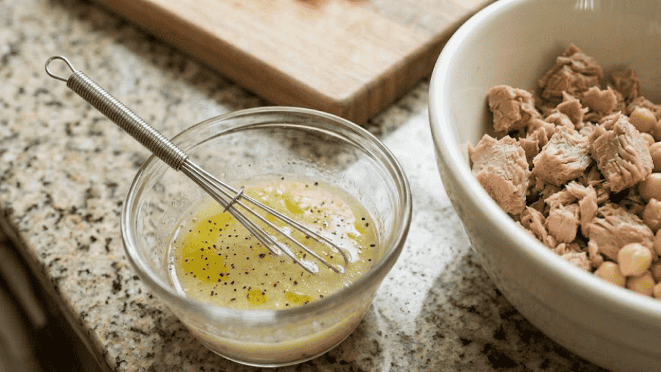 small whisk in a bowl of dressing next to the main bowl with food