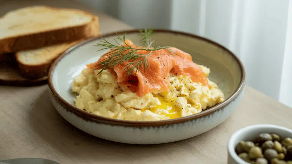 smoked salmon over creamy scrambled eggs in a bowl with dill garnish and toast in the background