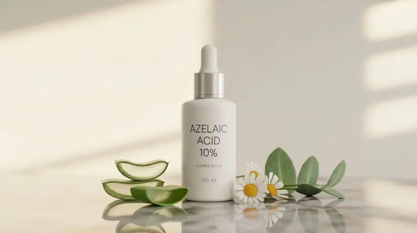 soothing azelaic acid serum bottle with 10-15% label in white or lavender tones