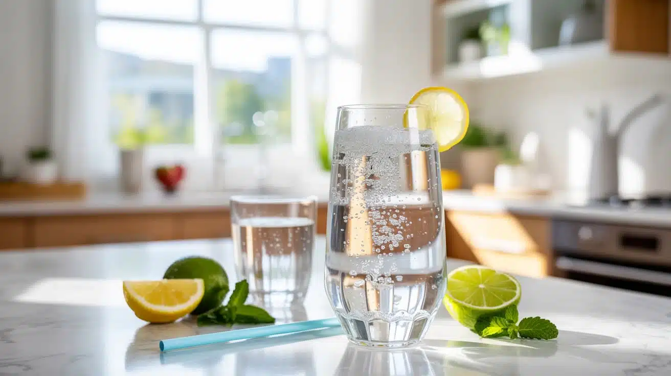 sparkling vs still water side by side on a bright countertop with fresh citrus and mint