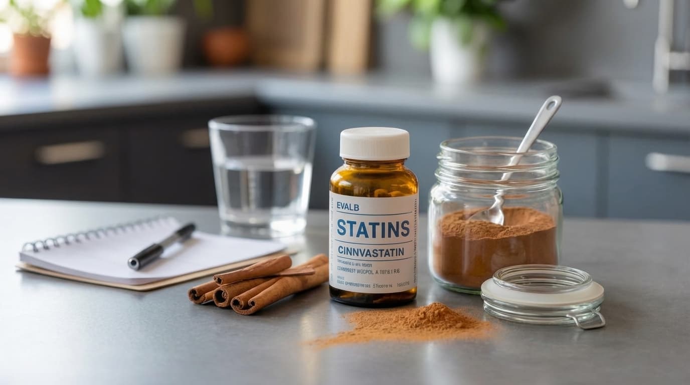 statins and cinnamon jar with a spoon on a kitchen counter, suggesting health and medication interaction