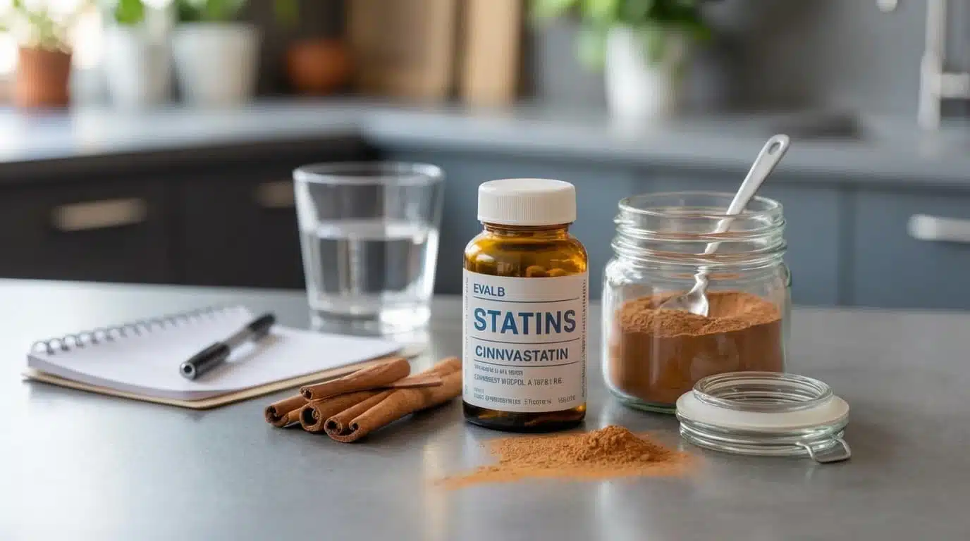statins and cinnamon jar with a spoon on a kitchen counter, suggesting health and medication interaction