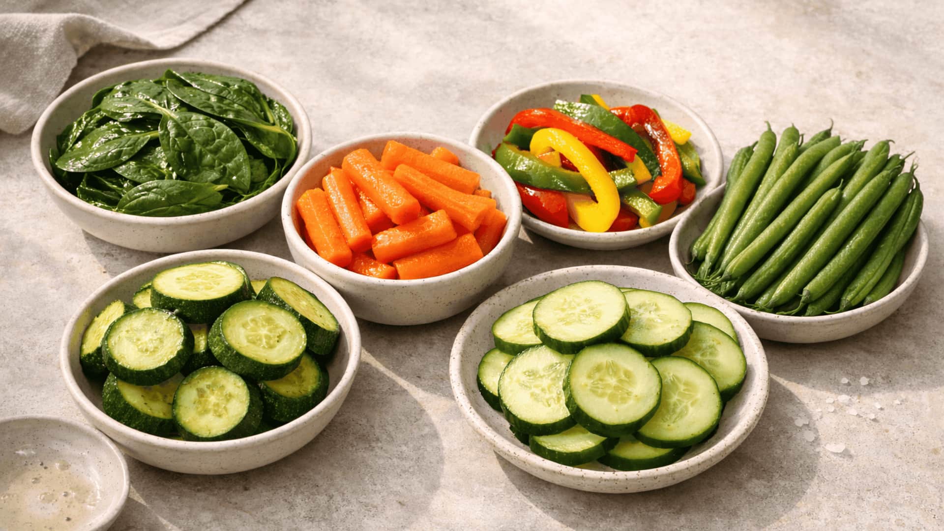 steamed low-fermentation vegetables including zucchini, carrots, spinach, bell peppers and green beans on stone surface