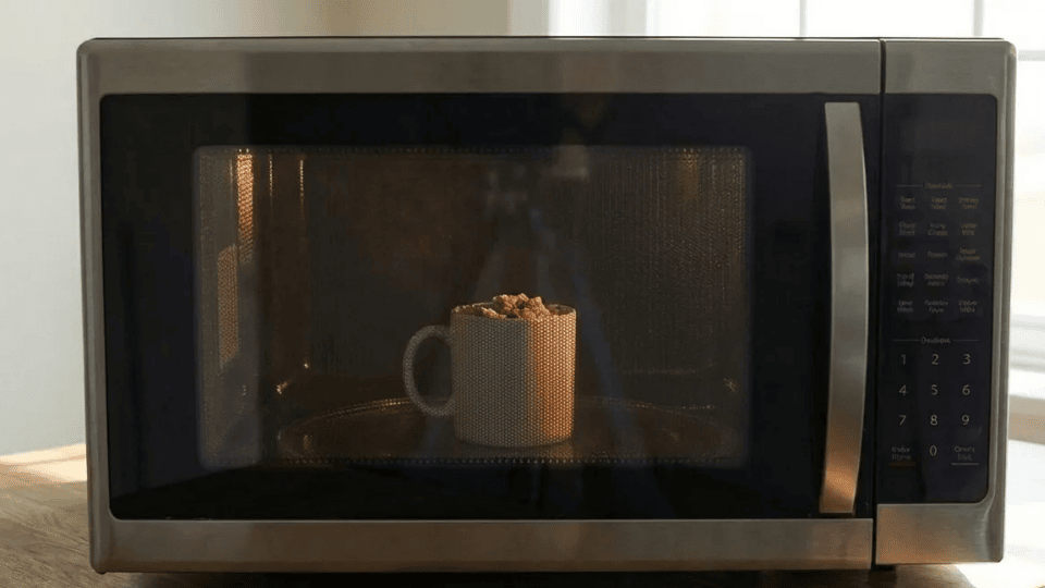 steaming mug of eggs and tuna being stirred with a fork inside an open microwave