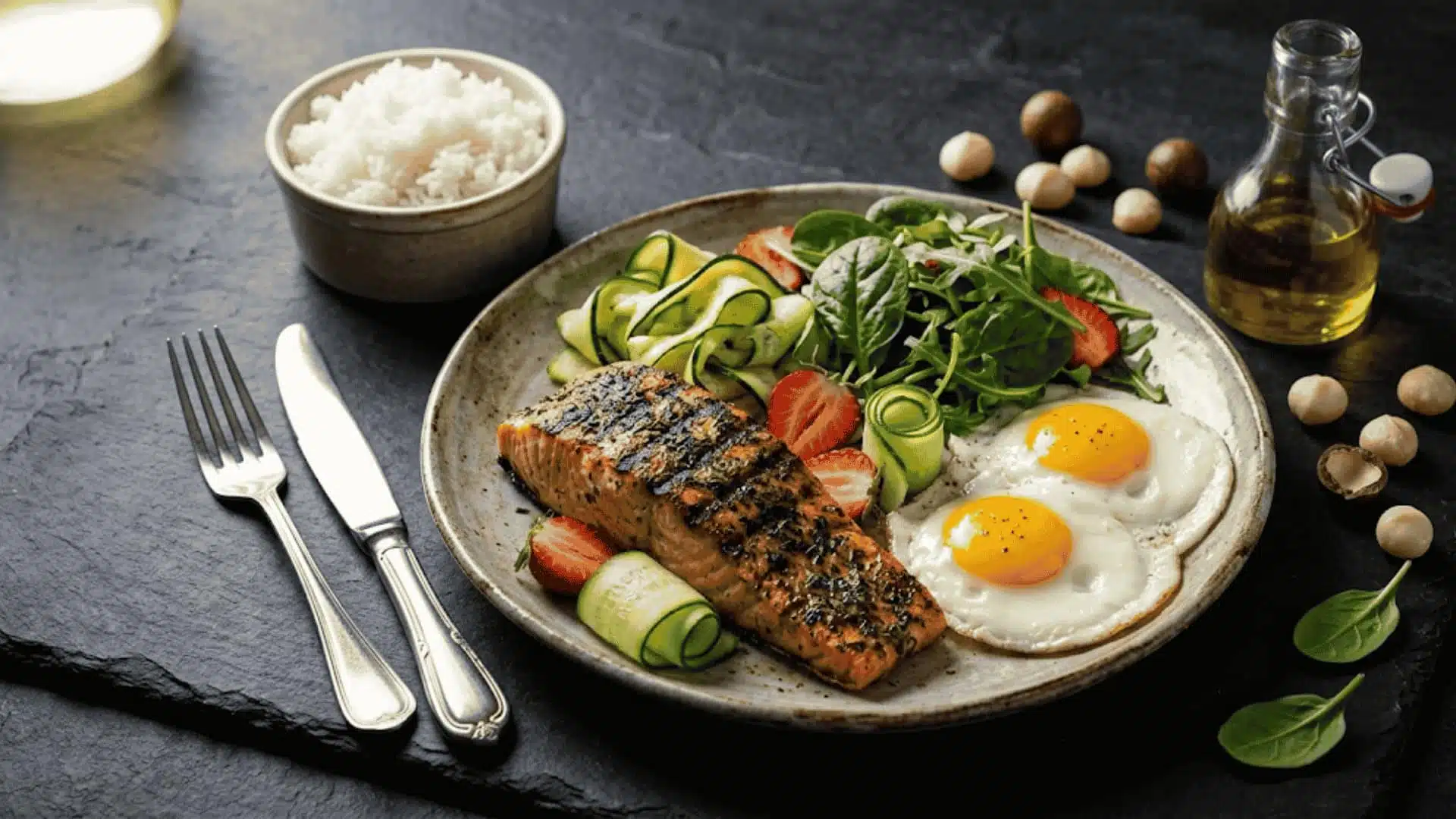 styled editorial plate of sibo-friendly foods including salmon, eggs, zucchini, spinach, and jasmine rice on dark slate