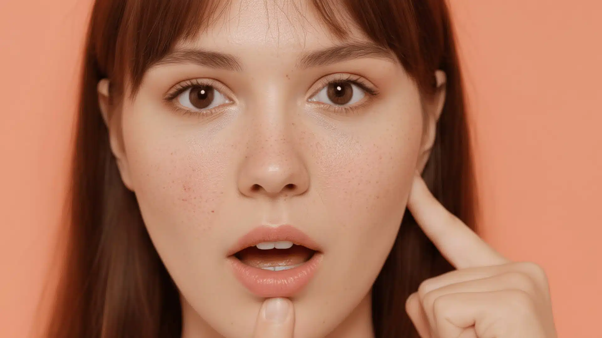 the image shows a person performing a tmj exercise with fingers gently placed on the jaw and ear area